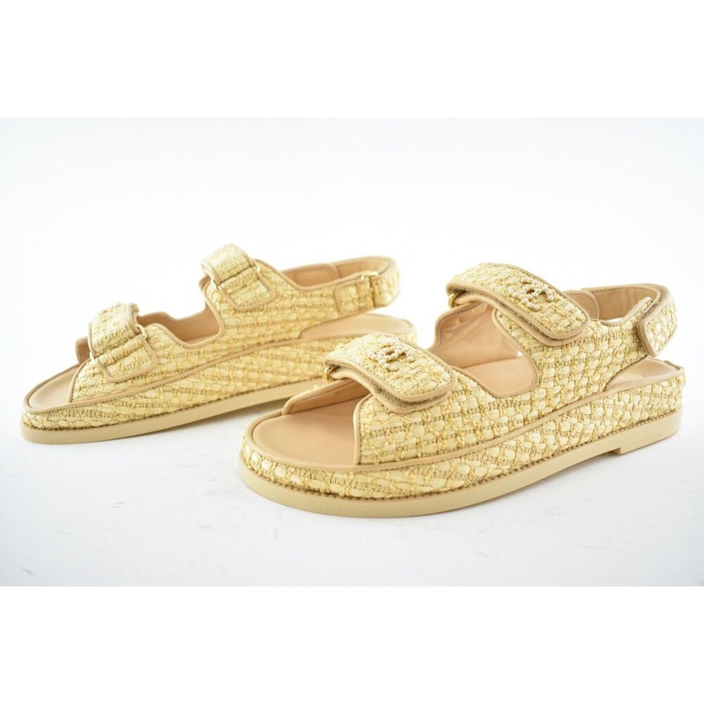 Chanel 21C Beige Raffia Pearl CC Logo Mule Slide Strap Flat Teva Dad Sandal 36 - Picture 10 of 12